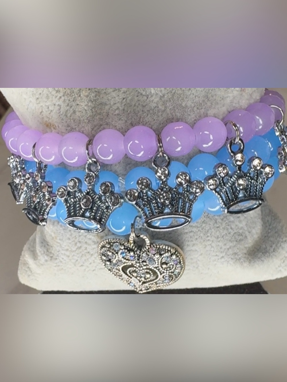 Purple and Blue Beaded Bracelet Set with Crown and Heart Charms